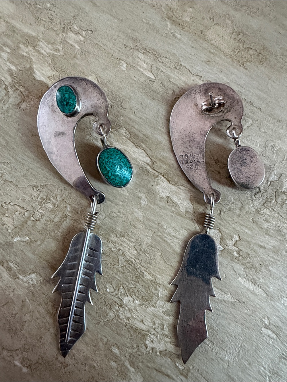 Turquoise Stone Feather Drop Silver Earrings - Green Turquoise